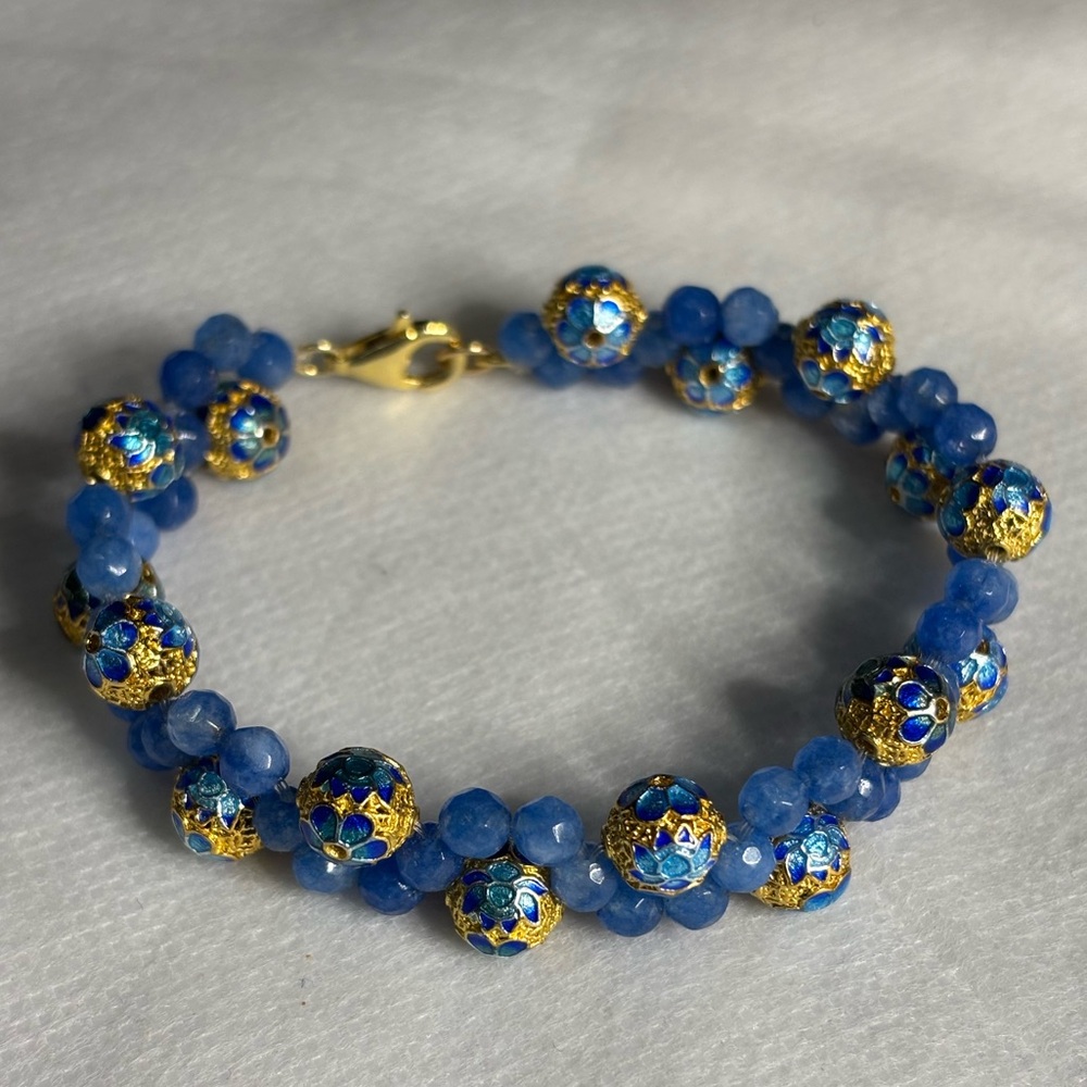 Handmade Cloisonné Blue and Gold Beaded Bracelet with Blue Agate Beads